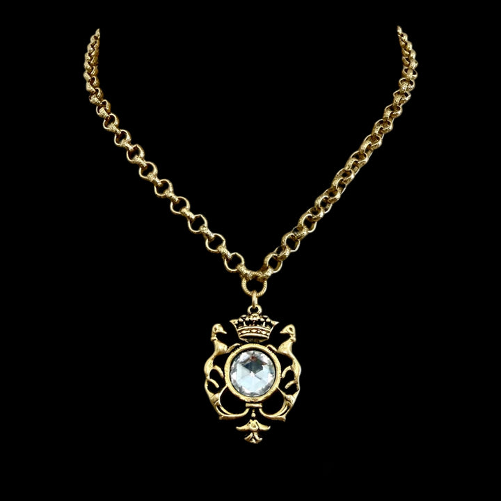 Gold plated 17" Chain with Repurposed Heraldic and vintage Swarovski crystal pendant