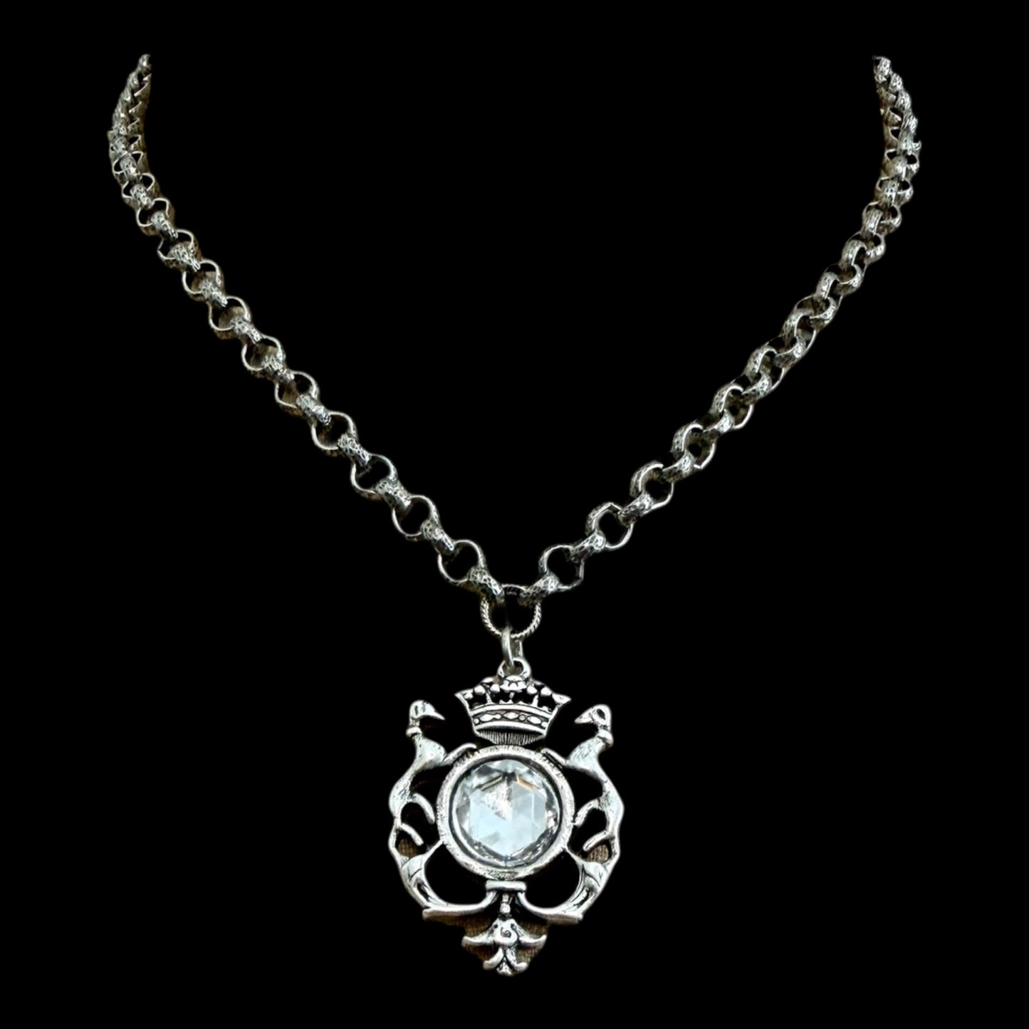 Sterling plated 17" Chain with Repurposed herladic and vintage Swarovski crystal pendant
