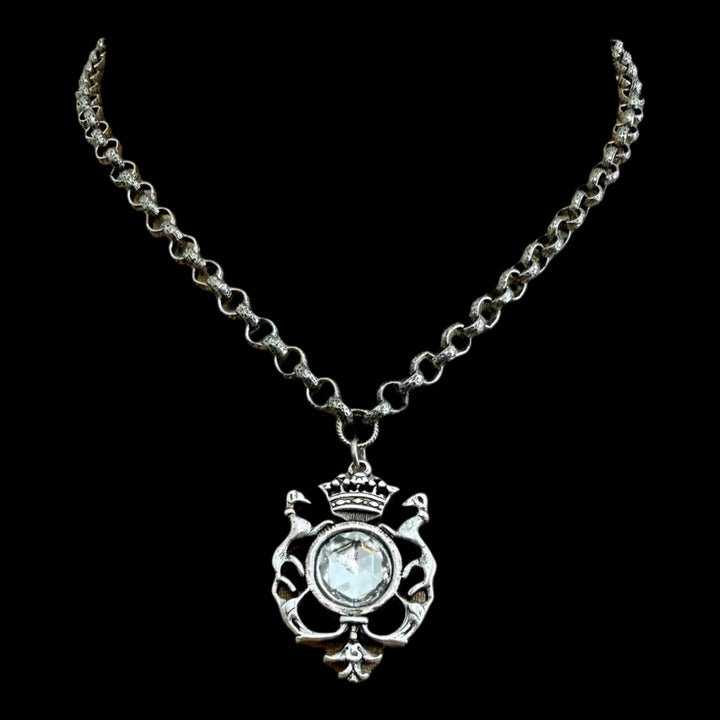 Sterling plated 17" Chain with Repurposed herladic and vintage Swarovski crystal pendant