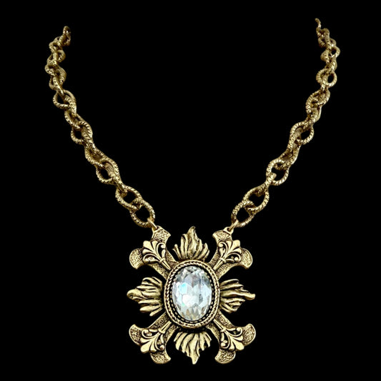 Gold Plated 17" Chain with Repurposed Fleur de lis and Swarovski Crystal Pendant
