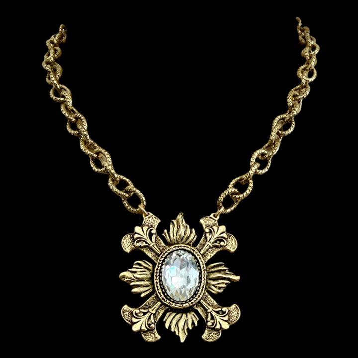 Gold Plated 17" Chain with Repurposed Fleur de lis and Swarovski Crystal Pendant