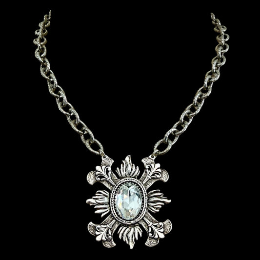 Sterling Plated 17" Chain with Repurposed Fleur de lis and Swarovski Crystal Pendant