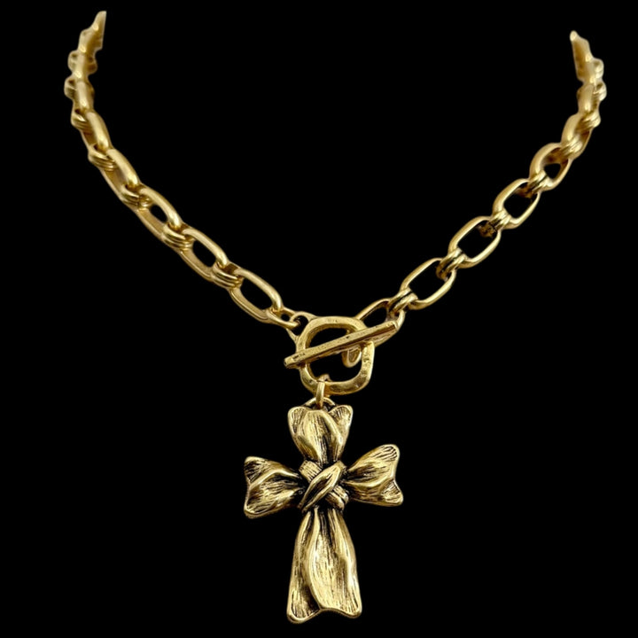 gold plated 17" Chain and toggle with Repurposed French ribbon cross pendant
