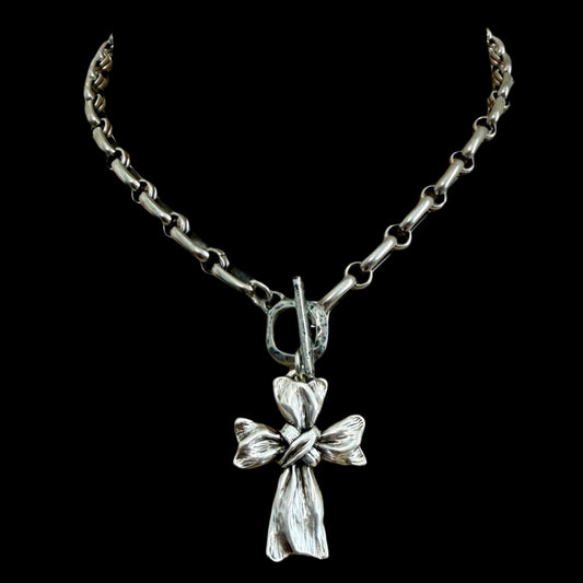 Sterling plated 17" Chain and toggle with Repurposed French ribbon cross pendant