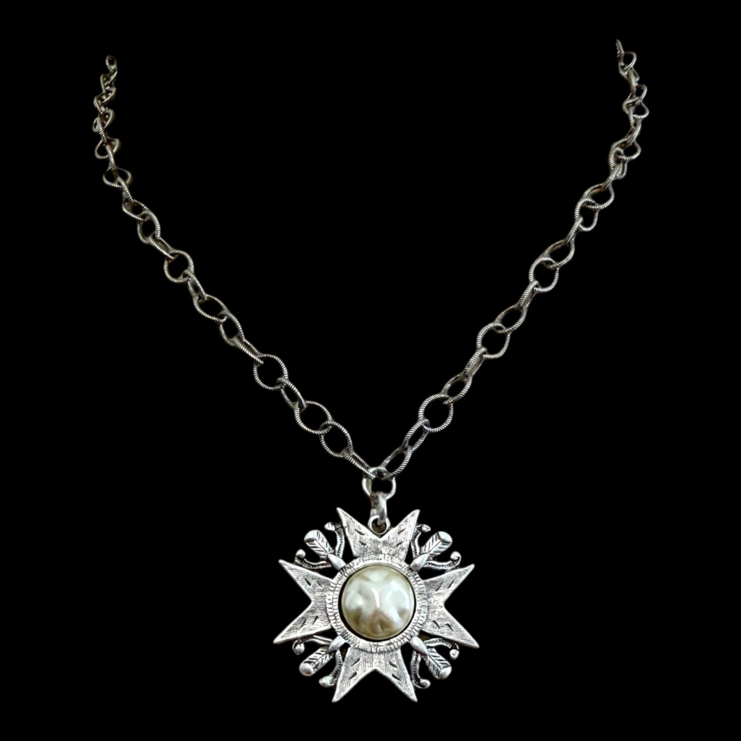 Sterling Plated 17" Chain with Repurposed maltese cross and vintage faux pearl center
