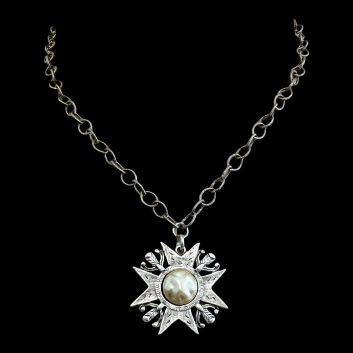 Sterling Plated 17" Chain with Repurposed maltese cross and vintage faux pearl center