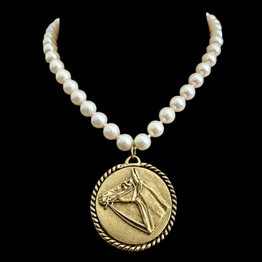 Vintage faux Pearl necklace w/ Gold Plated reproduction Horse pendant