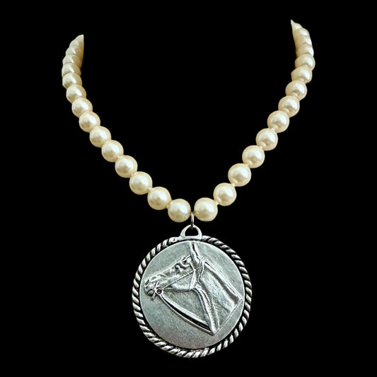 vintage faux Pearl necklace w/ Vintage reproduction Sterling Plated Horse Pendant
