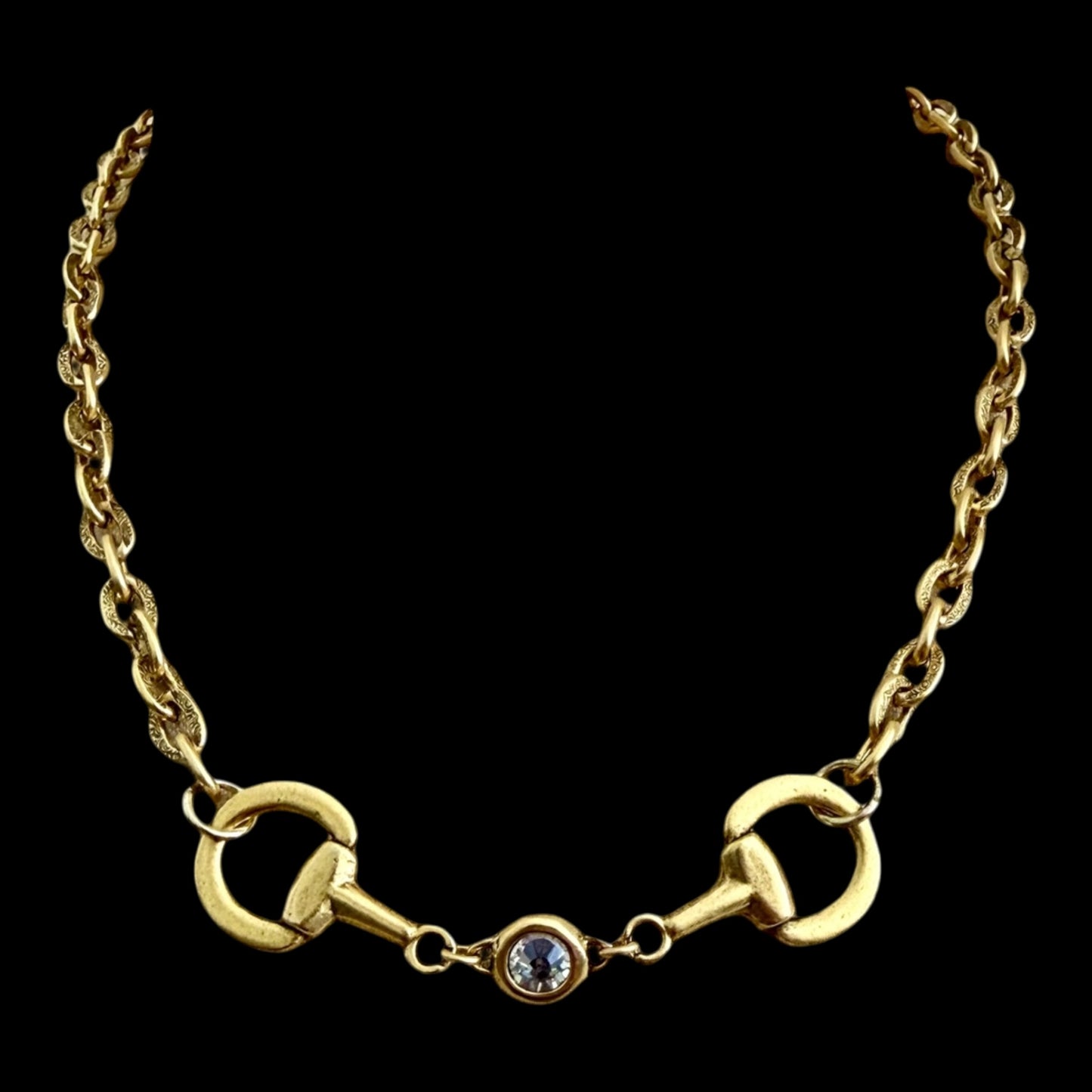 Vintage Gold Plated Reproduction Horse Bit and Crystal Necklace