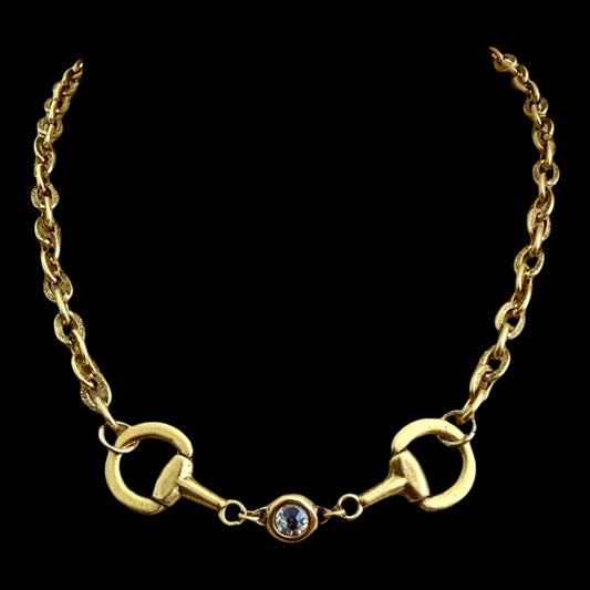 Vintage Gold Plated Reproduction Horse Bit and Crystal Necklace