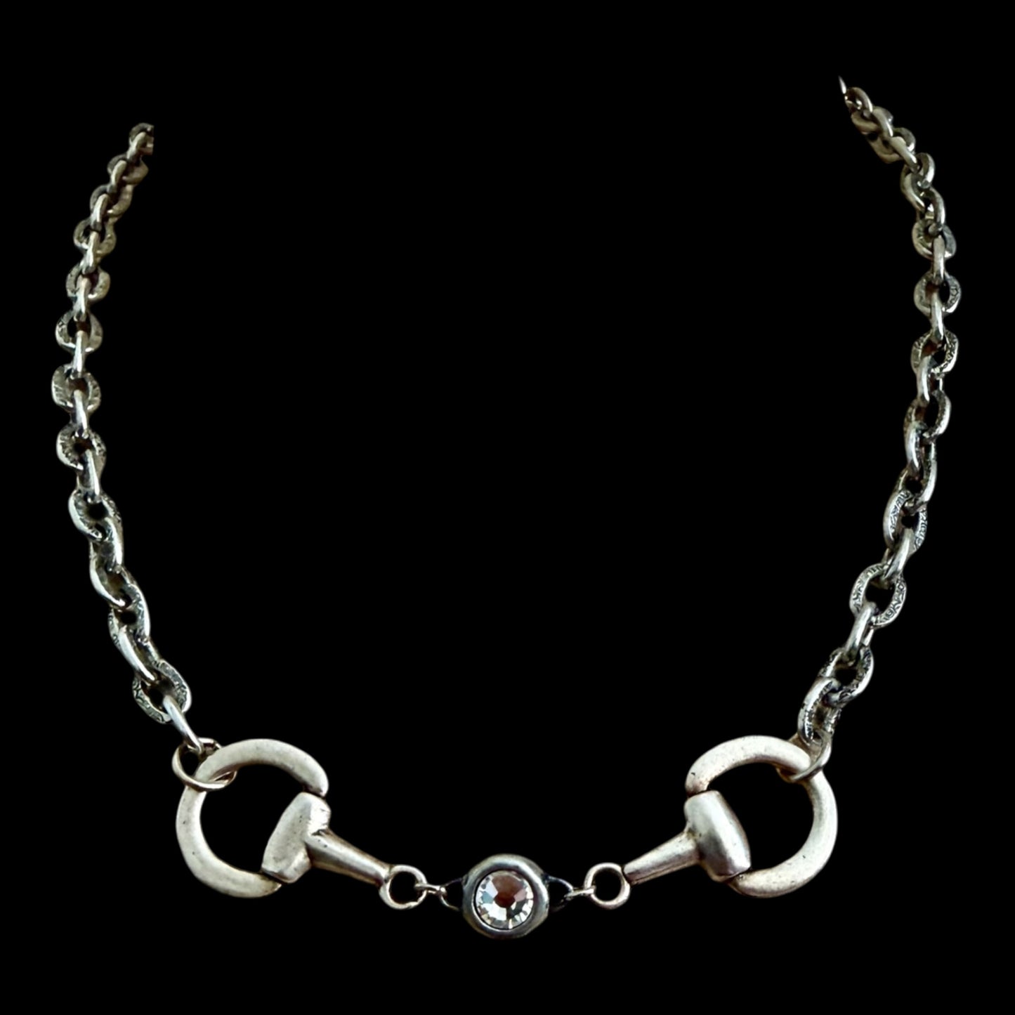 Vintage Sterling Plated Reproduction Horse Bit and Crystal Necklace