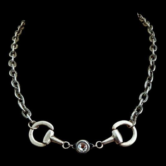 Vintage Sterling Plated Reproduction Horse Bit and Crystal Necklace