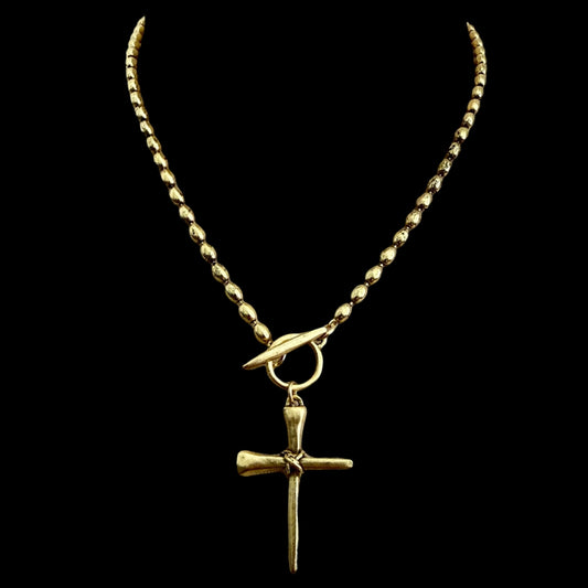 Gold Plated oval bead Chain With horseshoe nail Cross Pendant
