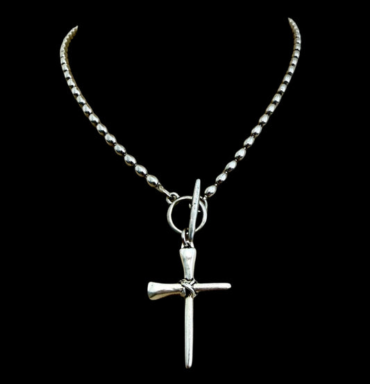 vintage Sterling Plated oval bead Chain With horseshoe nail Cross Pendant
