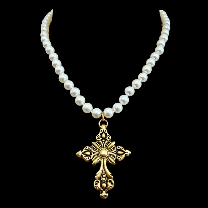 Vintage Faux Pearl Necklace with Vintage Gold Plated Cross Pendant