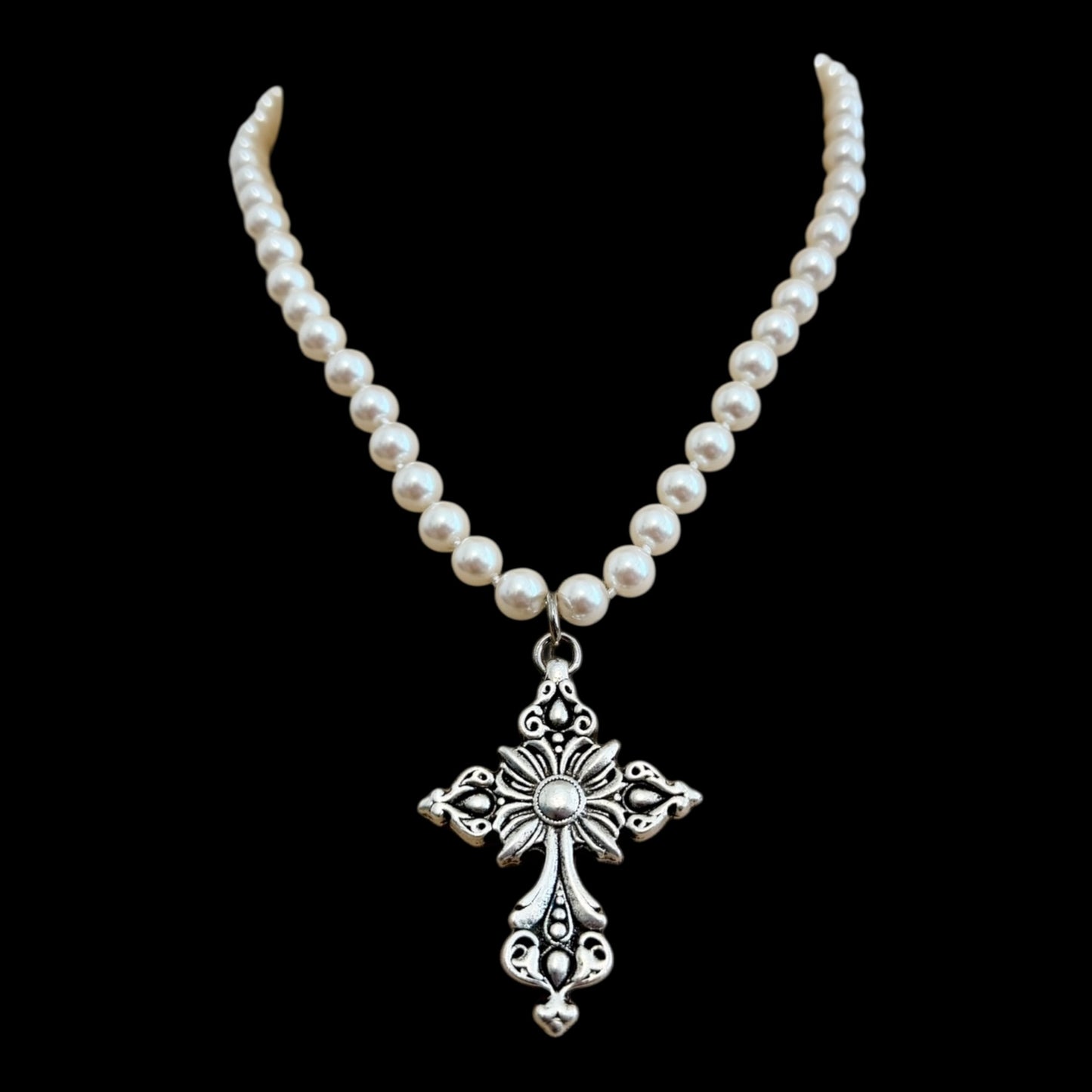 Vintage Faux Pearl Necklace with Vintage Sterling Plated Cross Pendant