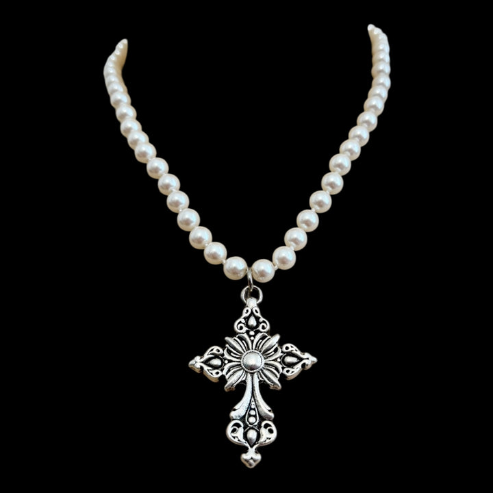 Vintage Faux Pearl Necklace with Vintage Sterling Plated Cross Pendant