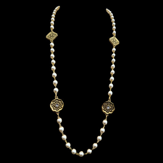 Vintage Reproduction Gold Charm & Pearl Necklace