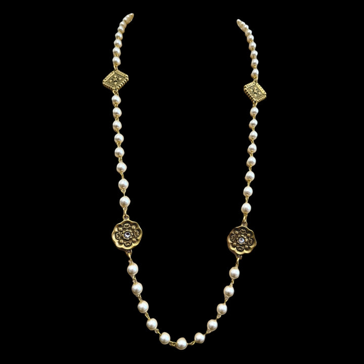 Vintage Reproduction Gold Charm &amp; Pearl Necklace