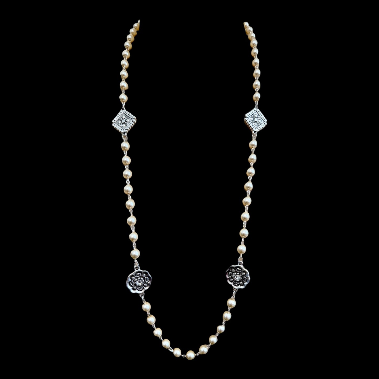 Vintage Reproduction Silver Charm & Pearl Necklace