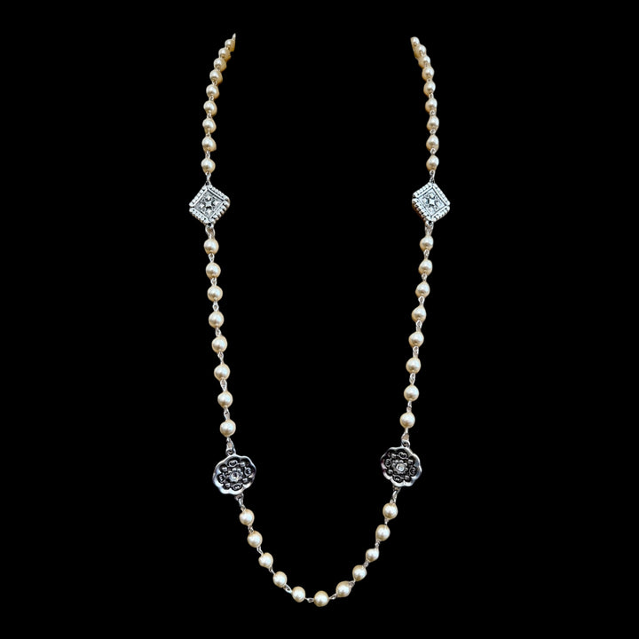 Vintage Reproduction Silver Charm &amp; Pearl Necklace
