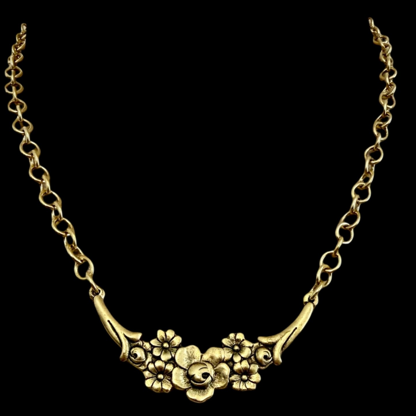 Vintage Reproduction Gold Floral Crescent Necklace