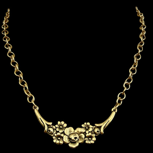 Vintage Reproduction Gold Floral Crescent Necklace