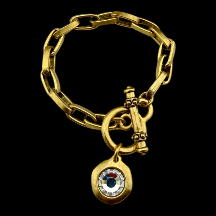 Gold Plated Chain and Toggle Bracelet with Swarovski Crystal Charm 7.5"
