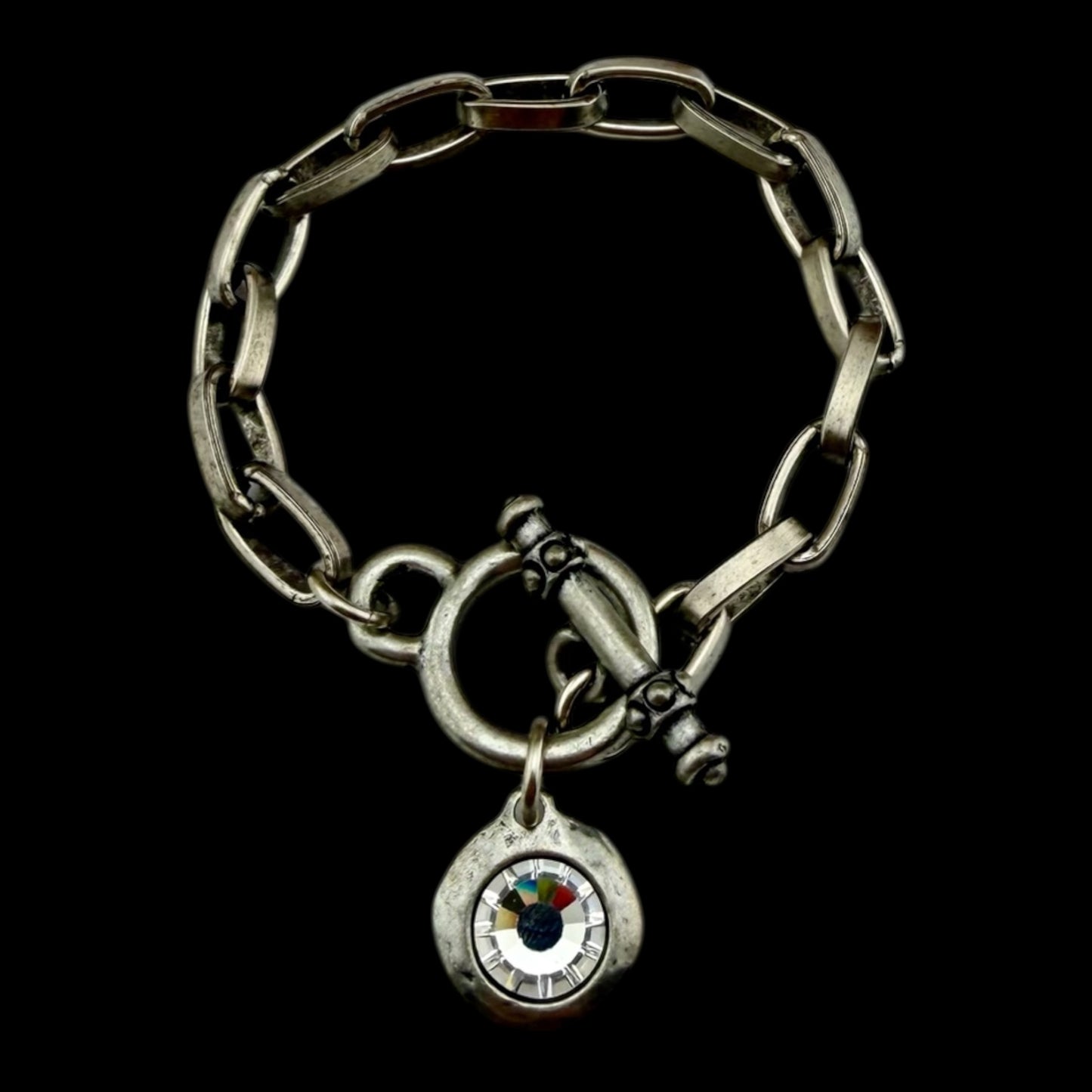 Sterling Plated Chain and Toggle Bracelet with Swarovski Crystal Charm 7.5"