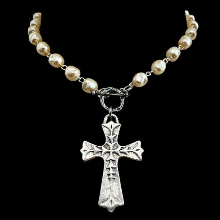 Vintage Pearl Silver Chain and Toggle with Vintage Silver Cross Pendant