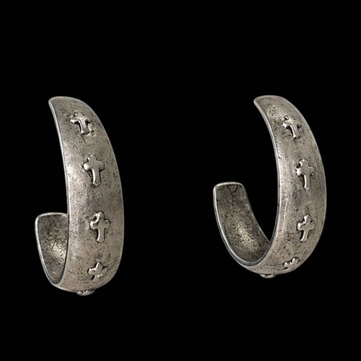sterling plated Repurposed raised cross hoop earring