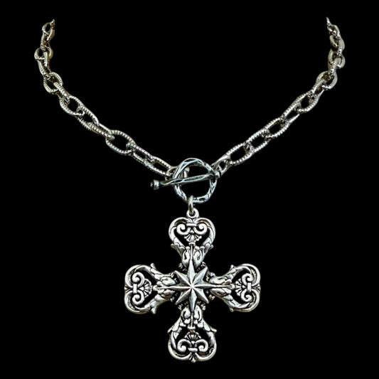18" Sterling Vintage scrollwork and Filigree cross