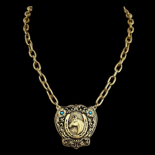 18" Gold Plated Vintage Horseshoe Necklace Medallion with Vintage Turquoise