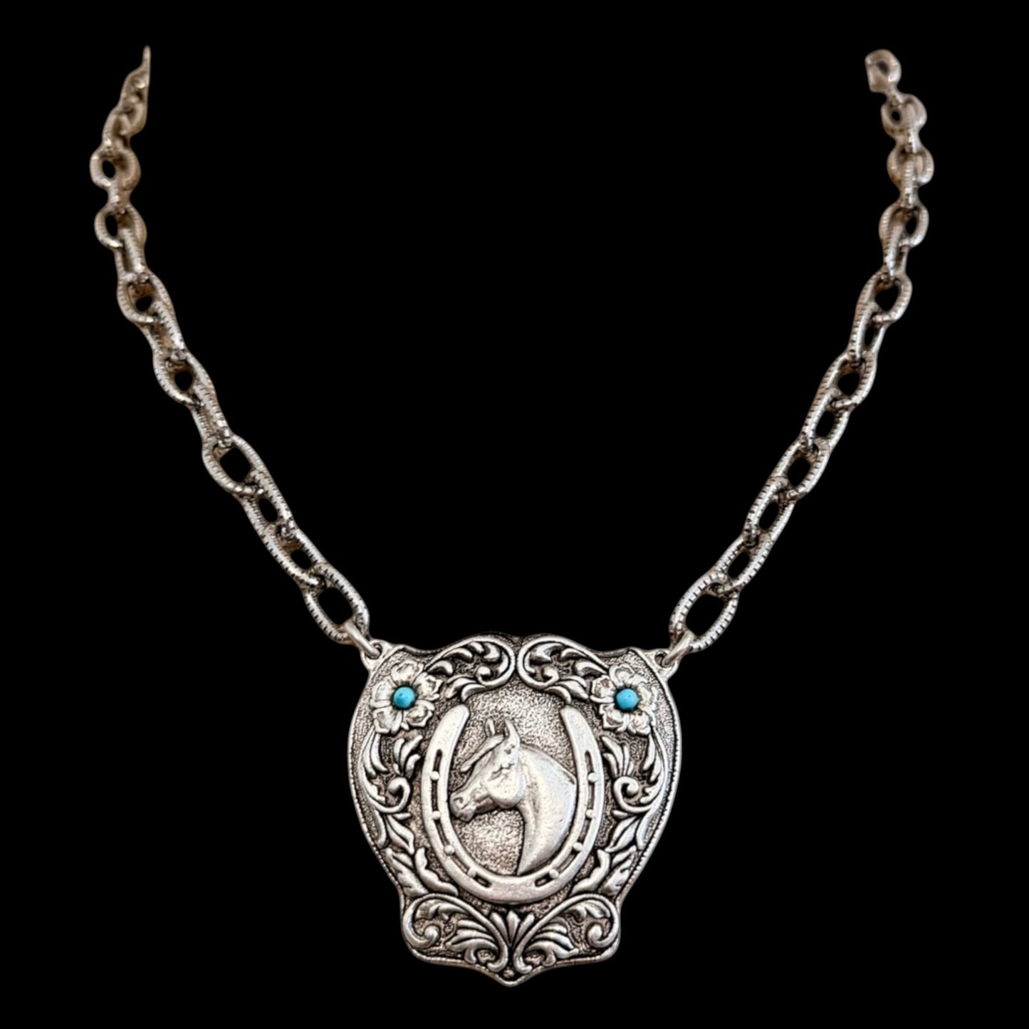 18" Sterling Plated Vintage Horseshoe Necklace Medallion with Vintage Turquoise