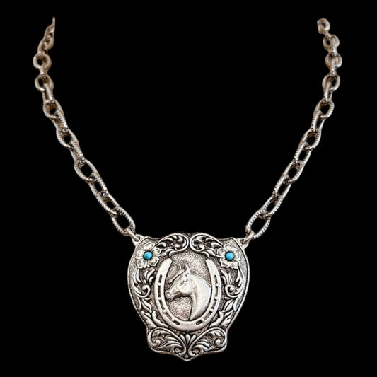18" Sterling Plated Vintage Horseshoe Necklace Medallion with Vintage Turquoise