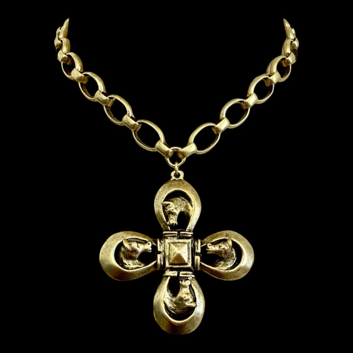 Gold Plated Four Horse Cross Statement Necklace