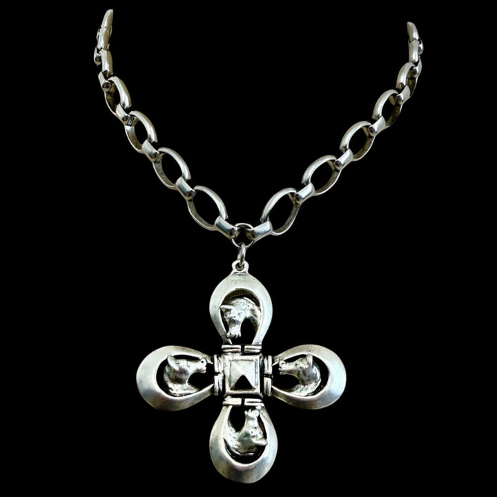 Sterling Plated Four Horse Cross Statement Necklace