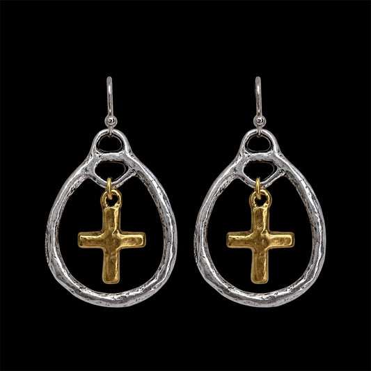 Mixed Metal Cross Teardop Earrings