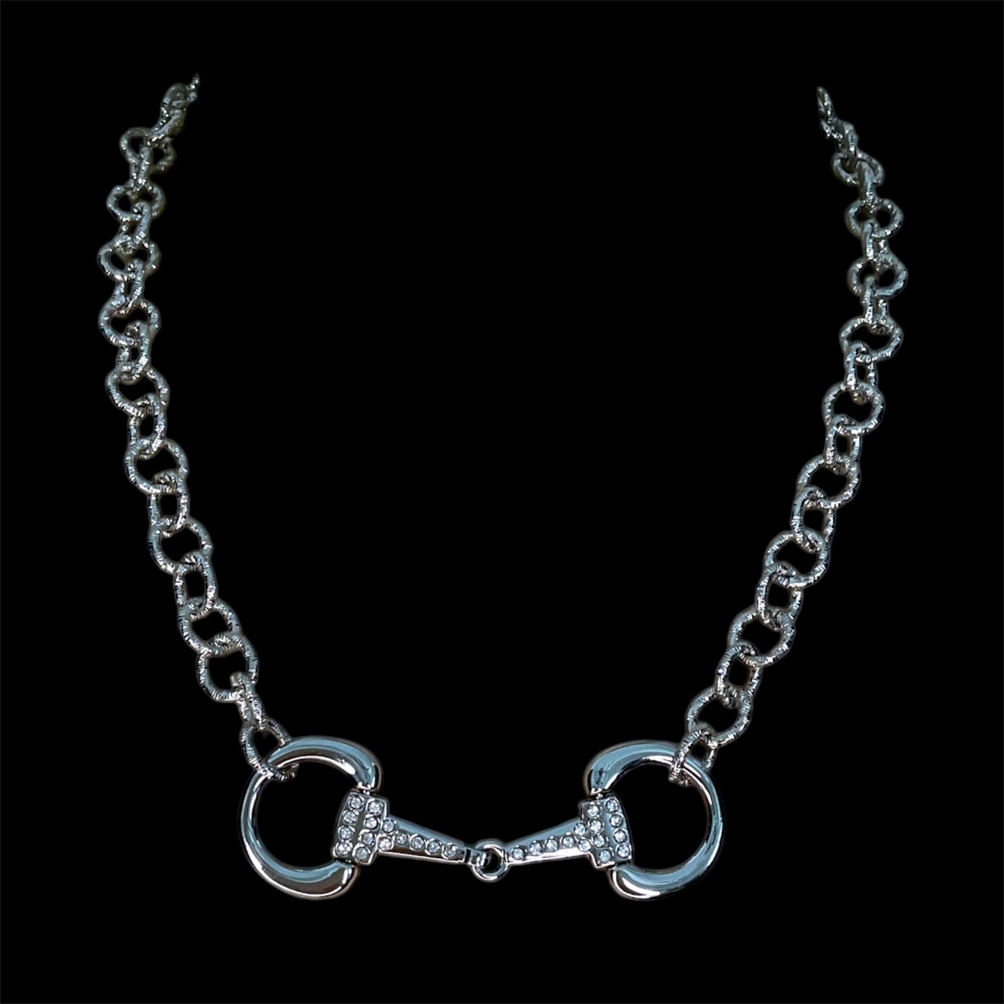 Sterling Plated Vintage Chain and Horse-bit Necklace with Rhinestones
