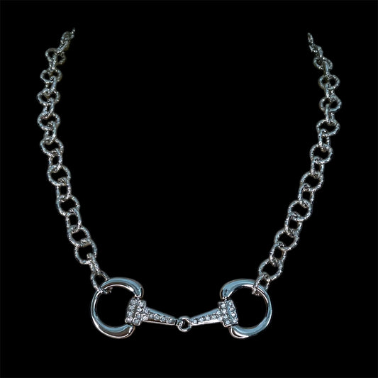 Sterling Plated Vintage Chain and Horse-bit Necklace with Rhinestones