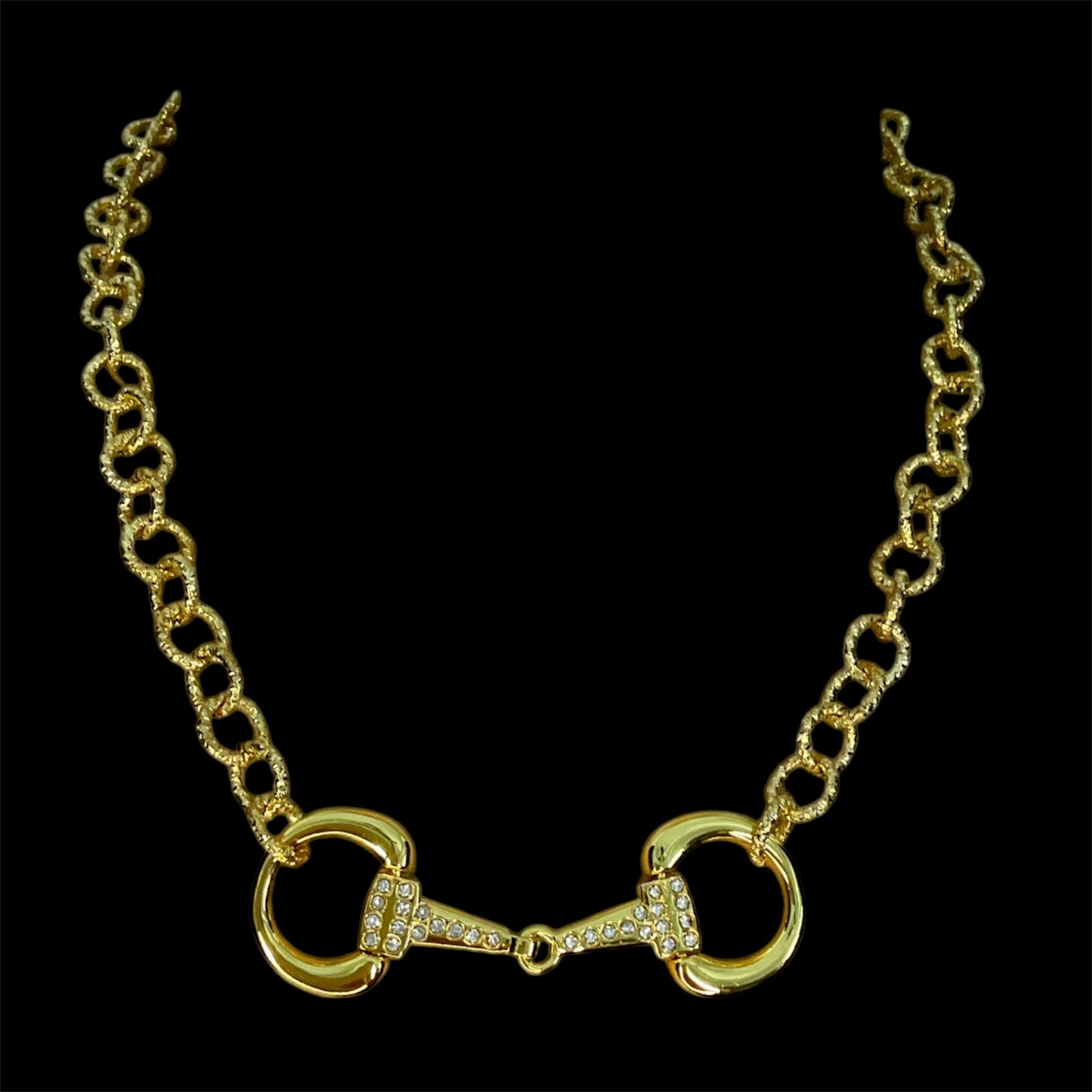 Gold Plated Vintage Chain and Horse-bit Necklace with Rhinestones