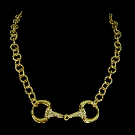 Gold Plated Vintage Chain and Horse-bit Necklace with Rhinestones