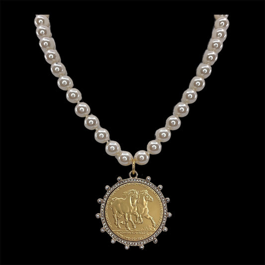 Vintage Pearls with Gold Horse Coin