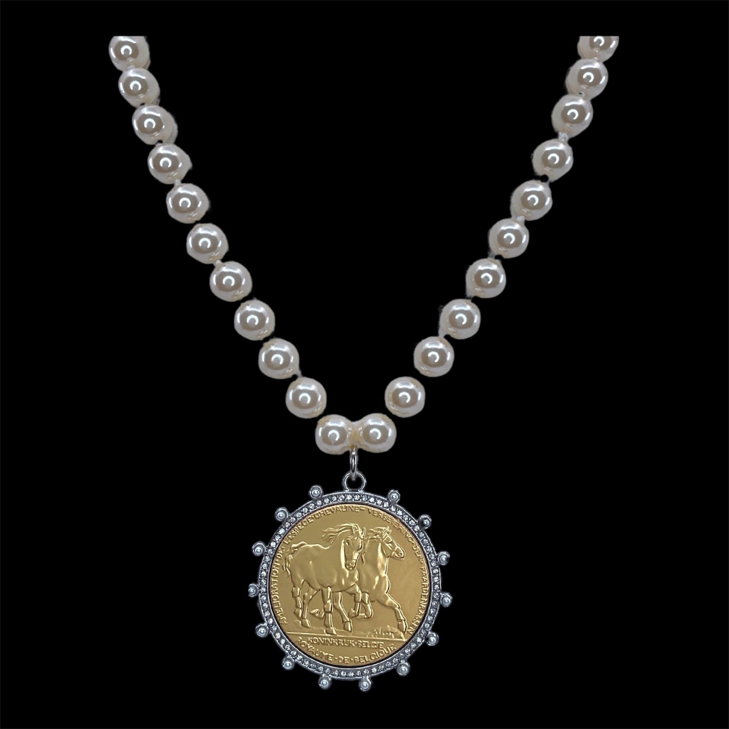 Vintage Pearls with Sterling Plated Gold Horse Coin
