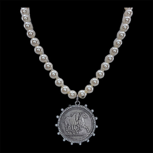 Vintage Pearls with Sterling Horse Coin
