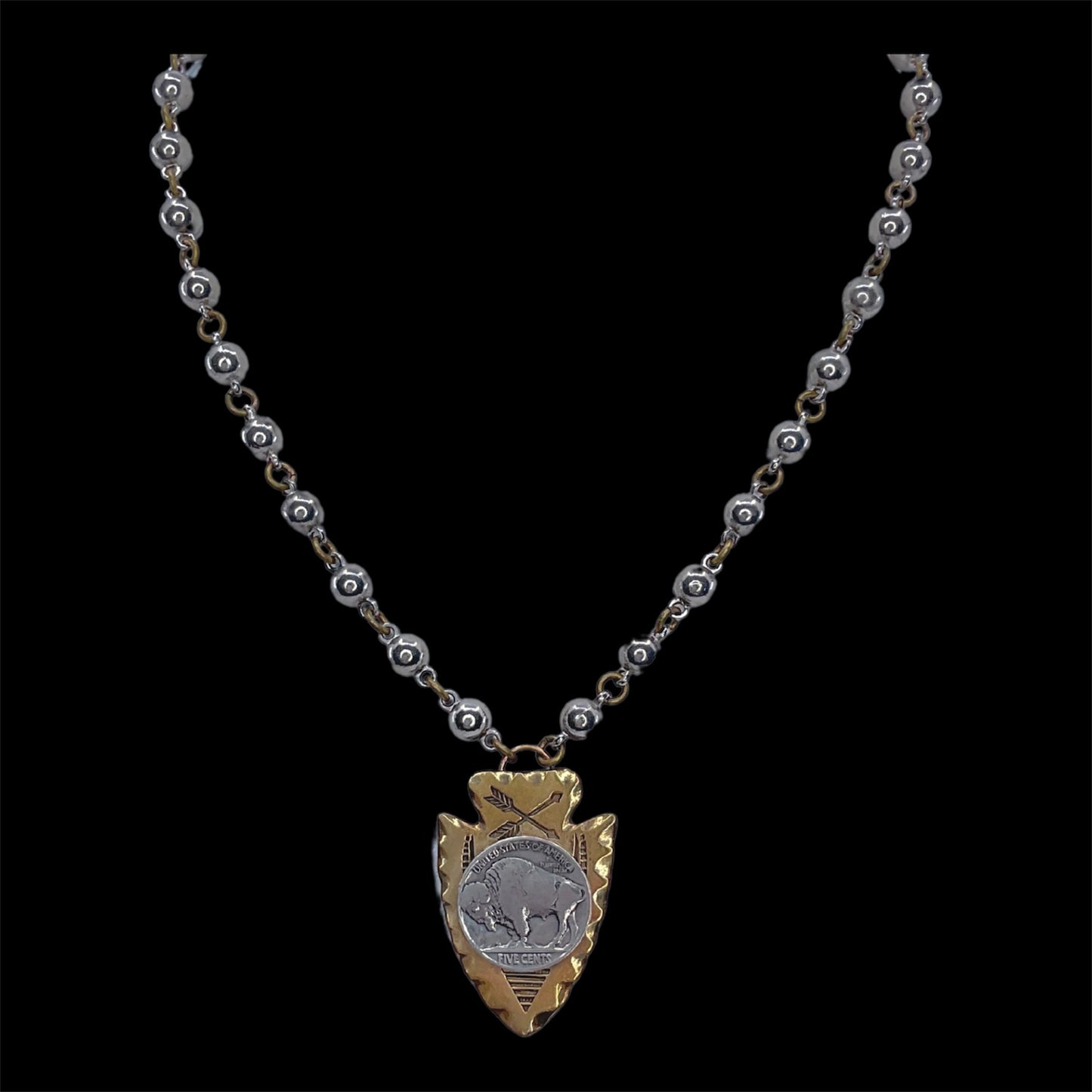 Vintage Bead Chain with Buffalo Nickel on Brass Arrowhead Pendant