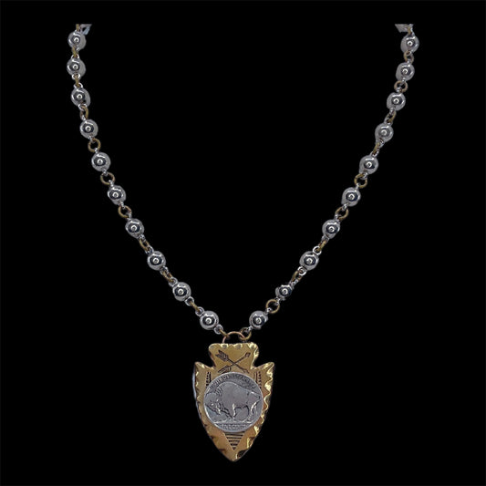 Vintage Bead Chain with Buffalo Nickel on Brass Arrowhead Pendant