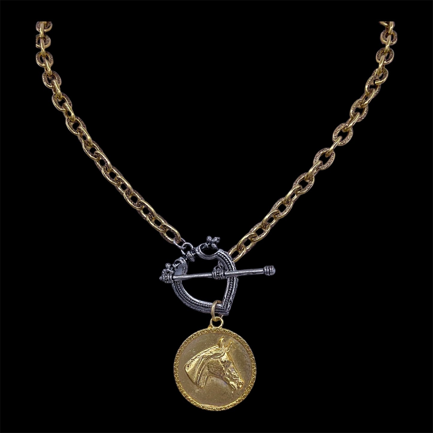 Vintage Chain with Vintage Sterling Plated Toggle and Gold Plated Horse Coin