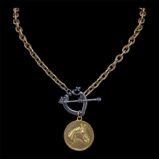 Vintage Chain with Vintage Sterling Plated Toggle and Gold Plated Horse Coin