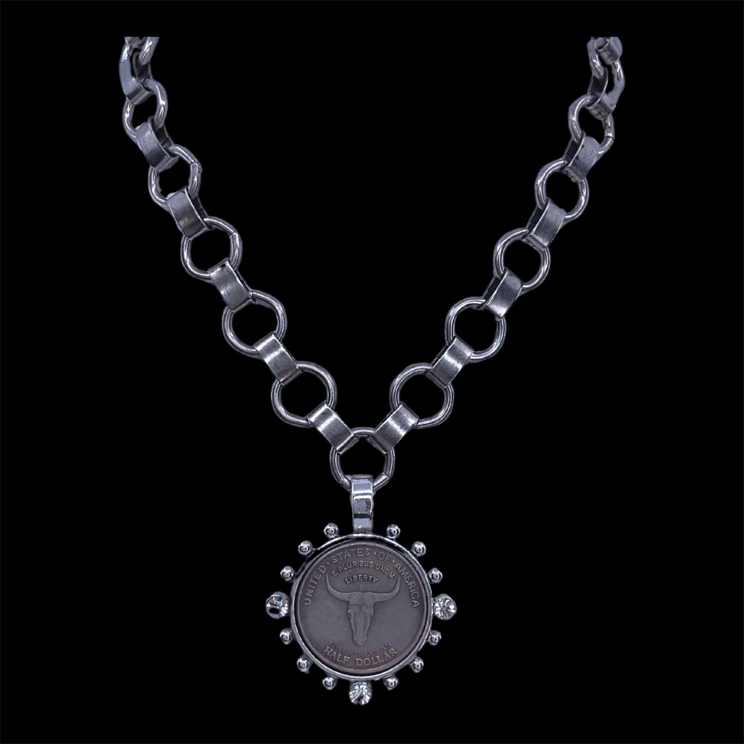 Vintage Sterling Plated Longhorn Coin with Vintage Chain